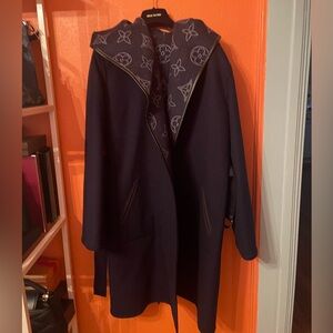 Louis Vuitton Dark Blue Signature Hooded Reversible Wool Coat. NWT
